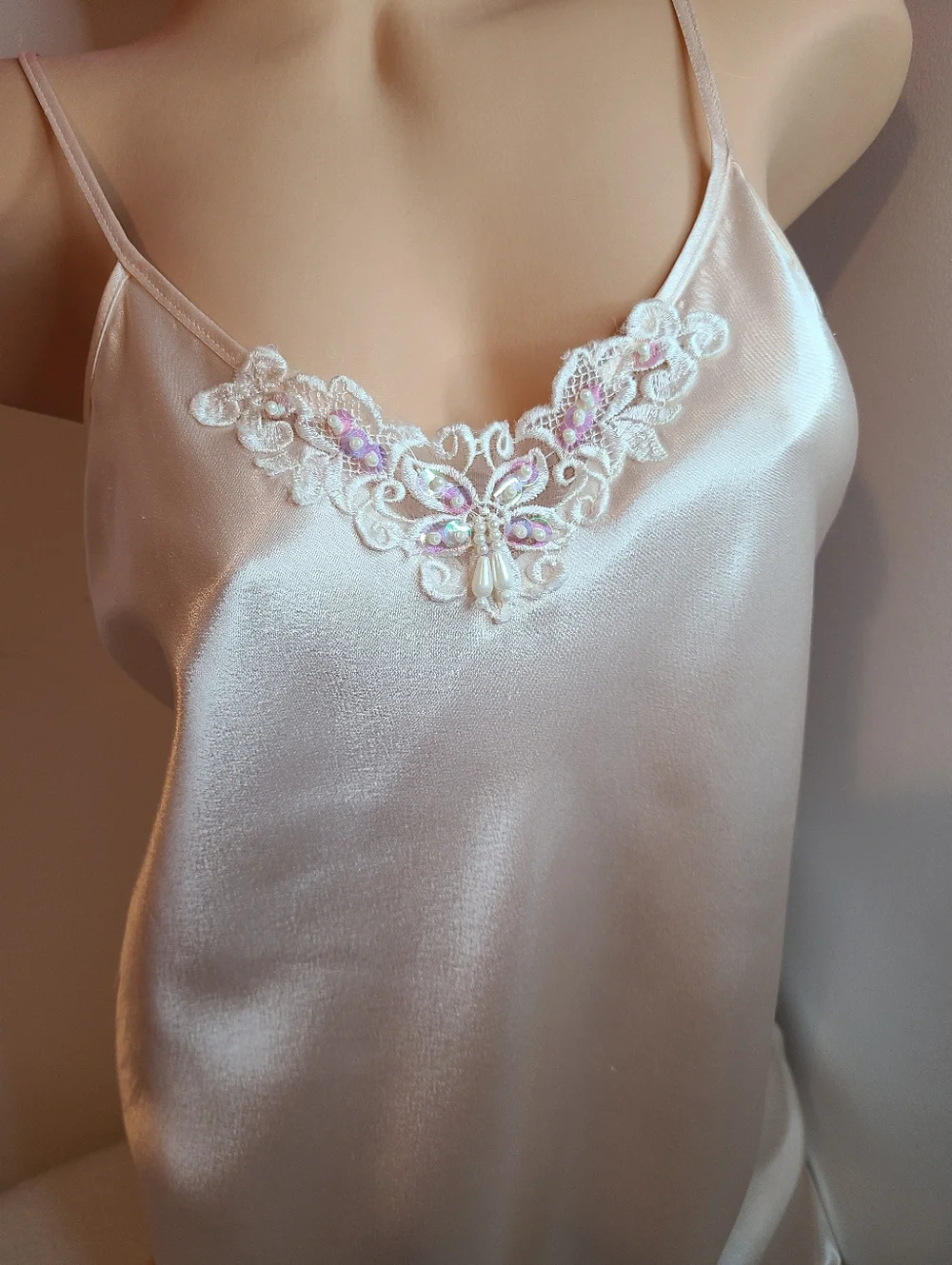 Vintage Silky Satin Bridal Beaded Mini Babydoll Slip Dress Size Small - Picture 2 of 6